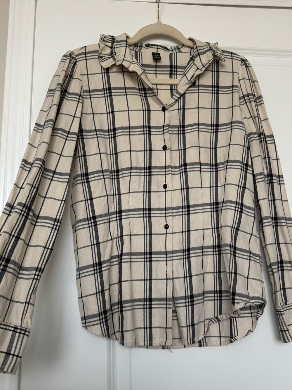 Lauren Ralph Lauren Cotton Plaid Ruffle Collar Button-Down Top - Size M
